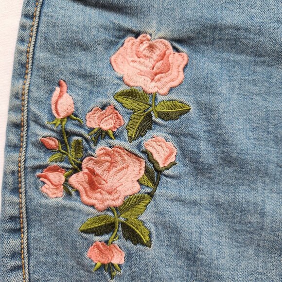 Guess Floral Embroidered Mini Skirt Denim Jean Girly Cute Pink Roses Boho M - Picture 3 of 15